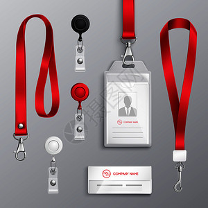 专业身份证身份证章持人与红色系绳皮带夹现实模板矢量插图身份证章配件套图片