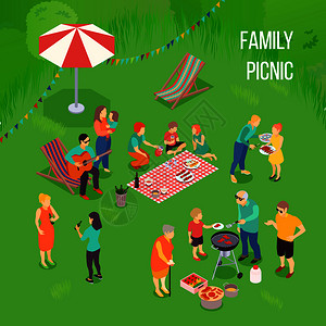 家庭野餐与孩子成人,烧烤设备,食物毯子上的绿色背景等距矢量插图家庭野餐等距插图图片