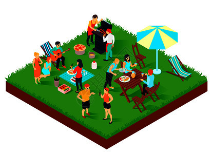 烧烤野餐与朋友,歌曲下吉他,食物饮料,雨伞,桌子轻人等距矢量插图烧烤野餐等距插图图片