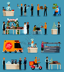 餐饮套餐的正交平图标与厨师服务员,食物交付,活动,食堂孤立矢量插图餐饮正交平图标背景图片