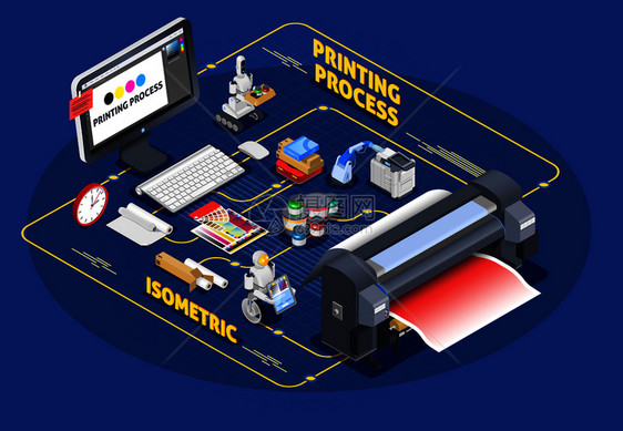 印刷厂多边形工业等距成与机器人消耗品的图像与纸张墨盒矢量插图印刷工艺等距图片