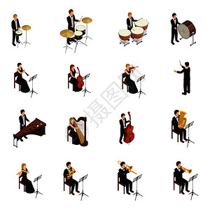 等距的男女,穿着服装长袍,管弦乐队演奏各种乐器,孤立白色背景的三维矢量插图上管弦乐队的人准备好了图片