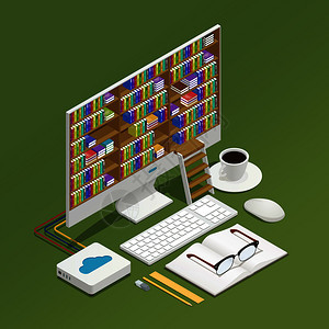 电子学等距成与电子图书馆计算机监控教科书眼镜上的绿色背景三维等距矢量插图电子学等距成图片