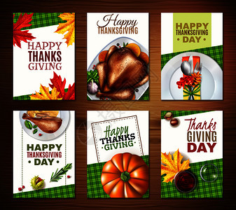 六个彩色现实的火鸡感恩节横幅与快乐的感谢感谢给予日标题矢量插图现实的火鸡感恩节横幅图片