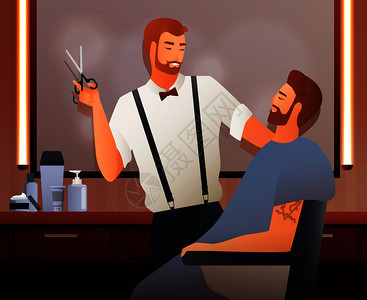 理发师,发型师,渐变,扁平的人,理发店内部用阴影矢量插图与两个人类人物成理发师平构图图片
