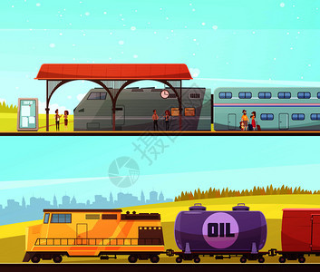 铁路两个水平横幅与乘客列车人车站货运列车与油罐平矢量插图铁路水平横幅图片