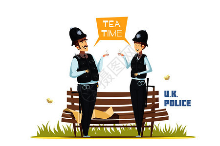 男女警官城市环境卡通矢量插图中喝茶休息男女警官图片