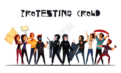 抗议人群与卡通人物的抗议者武装警棍盾牌矢量插图抗议人群理念图片
