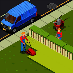 园丁等距构图与小型货车汽车两个园丁与剪刀割草机矢量插图修剪草坪等距成图片