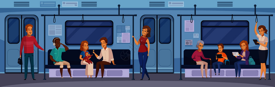 地铁地下列车车厢内部通勤乘客坐着看书,站着平板卡通矢量插图地铁地下列车乘客卡通背景图片