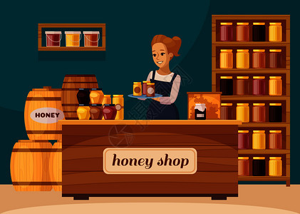 养蜂人养蜂店内部与蜂窝货架的生机蜂蜜卡通构图矢量插图养蜂人蜂蜜店卡通图片