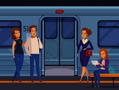 人们地铁地铁站等待,背景卡通构图矢量插图上打开地铁车门地铁地铁站乘客卡通图片