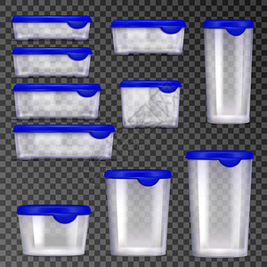 彩色现实的塑料食品容器图标蓝色帽透明的背景矢量插图塑料食品容器图标图片