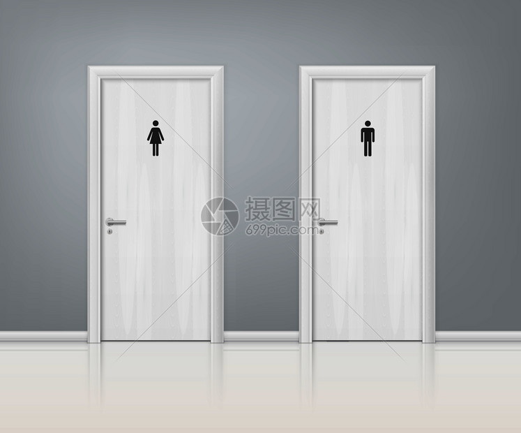 两个白色木门WC写实构图,为男女提供门矢图上的铭文门WC写实构图图片