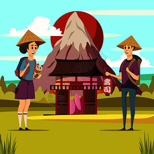 日本旅游正交成日出富士山传统建筑2名游客背景矢量插图日本旅游观光背景海报图片