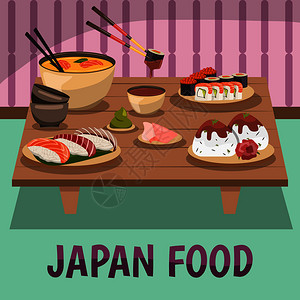 传统的日本食品背景海报与寿司刺身芥末咖喱酱油筷子正交矢量插图日本食品成分Bckground海报图片