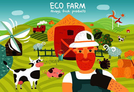 生态农场成与工人,谷仓,风车,花园,家畜绿色田野背景矢量插图生态农场成图片