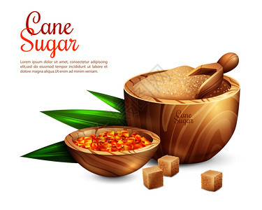 甘蔗背景与真实的图像木制浴缸充满砂糖甜糖矢量插图甘蔗桶背景图片