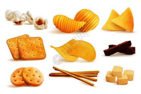 咸零食与分离图像的玉米片饼干流行玉米空白背景矢量插图咸小吃套图片