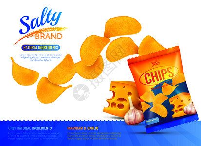 咸零食海报与品牌产品包装,现实的图像芯片,奶酪大蒜与可编辑的文本矢量插图咸零食广告海报背景图片