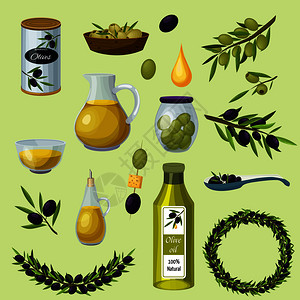 食用油包装绿色黑色橄榄健康产品卡通图标与瓶传统食用油背景矢量插图橄榄产品卡通图标插画