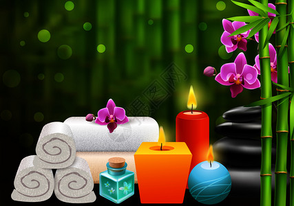 温泉明亮的背景与竹笋五颜六色的香气蜡烛,白色毛巾,黑色石头紫兰花的现实矢量插图水疗中心明亮多彩的背景图片