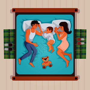 睡觉的家庭躺床上,与父母小儿子,泰迪熊矢量插图睡眠家庭顶部视图插图
