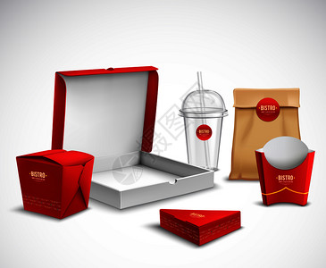 快餐包装企业身份现实模板样品红色白色自然与比萨饼盒矢量插图包装快餐写实套装图片