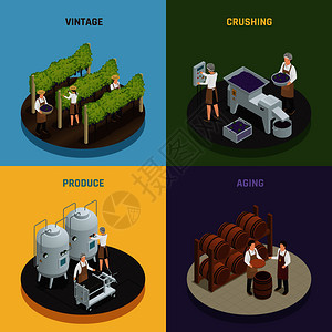 葡萄酒生产2x2与老式破碎生产老化方形成等距矢量插图葡萄酒生产2x2理念图片