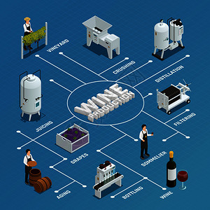 葡萄酒生产工艺等距流程图与葡萄粉碎蒸馏过滤装瓶榨汁装瓶,榨汁,葡萄酒生产等距流程图背景图片