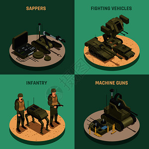 战斗机器人2x2集的步兵工兵战斗车辆机方形成等距矢量插图战斗机器人2x2背景图片