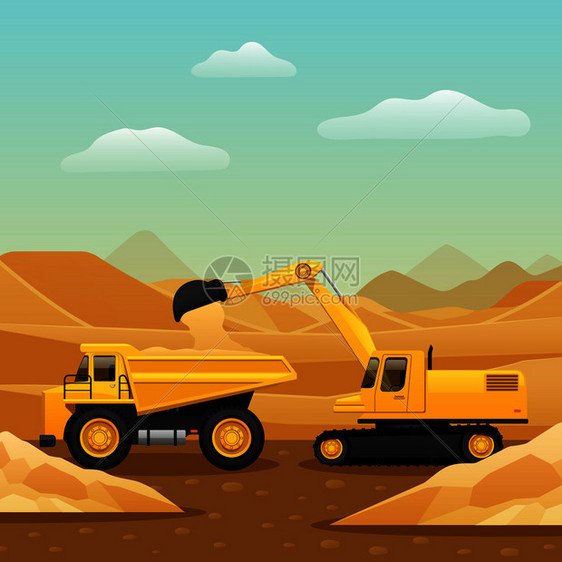 地工程施工机械成与挖掘机装载翻斗车与砂平矢量插图工程机械成图片