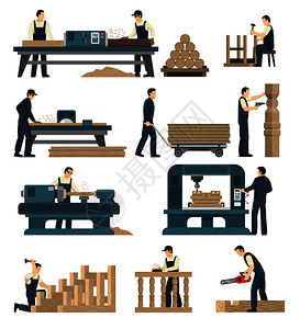 木工工厂套图像成与木工机械人的角色,负责机器矢量插图木工木工木工工厂套图片
