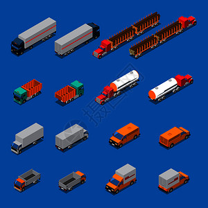 等距图标卡车运输木材,燃料,建筑货物隔离蓝色背景矢量插图卡车等距图标图片