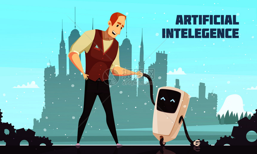人工智能与人类日常生活中的社会互动,卡通海报与人机器人矢量插图人工智能机器人助手插图图片