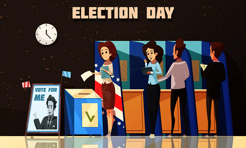 选举日政治海报,选民投票站投票,卡通构图,黑暗背景矢量插图政治选举投票卡通插图图片