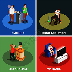 成瘾等距与吸烟,药物,酗酒电视躁狂隔离彩色背景矢量插图成瘾等距图片