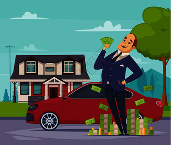 财富繁荣卡通构图与快乐的富商站他的汽车房子背景平矢量插图附近的钱堆富商卡通构图图片
