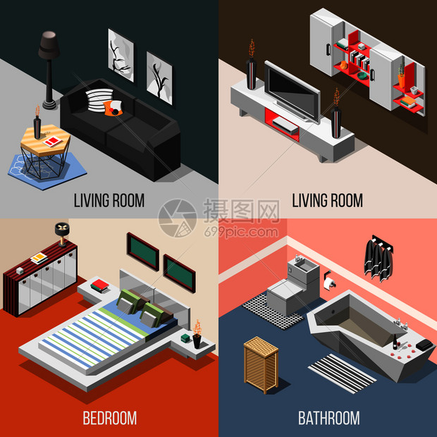 未来主义的家庭内部等距,包括客厅,卧室,浴室与高科技孤立矢量插图未来主义的家庭内部等距图片