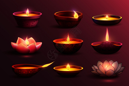 迪瓦利庆祝装饰彩色图像燃烧蜡烛同的图案形状矢量插图排灯节蜡烛套图片