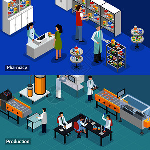 制药生产2等距水平横幅与医学研究测试制造药店服务孤立矢量插图制药生产2个等距横幅图片