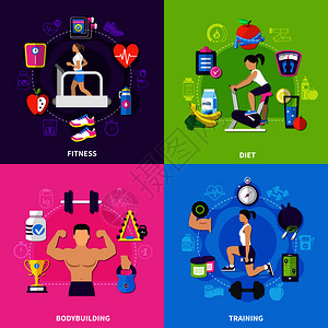 健身平理念与运动设备,饮食食品,健美,训练隔离彩色背景矢量插图健身理念图片