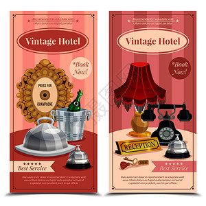 两个彩色老式酒店垂直横幅与最好的服务书现描述矢量插图老式酒店垂直横幅套图片