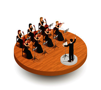 管弦乐队等距构图,指挥女音乐家木舞台上演奏各种乐器,三维矢量插图管弦乐队等距构图图片