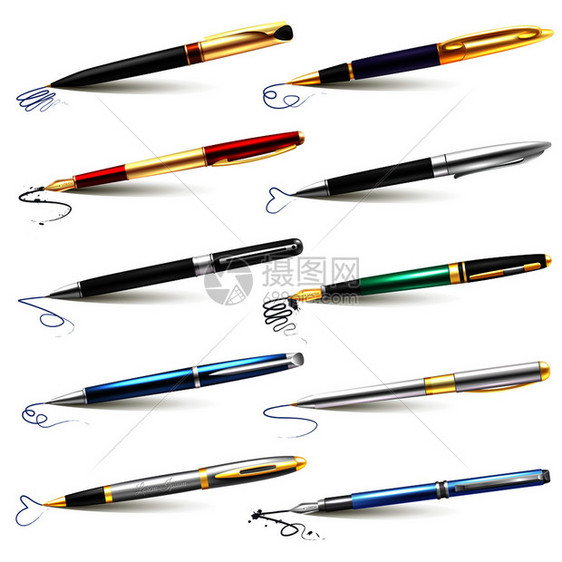 彩色现实的商业钢笔图标蓝色黑色墨水圆珠笔矢量插图商业钢笔图标图片