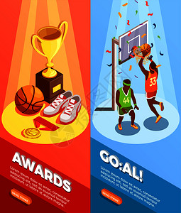 篮球线两个垂直篮球等距横幅与胜利图像可编辑文本,并阅读更多按钮矢量插图篮球奖励垂直横幅插画