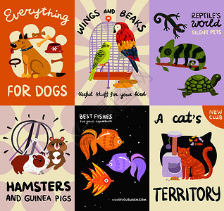 宠物海报横幅爬行动物,鱼类,狗,猫,鸟类,啮齿动物矢量插图宠物海报横幅图片