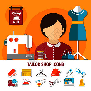 裁缝店与缝纫设备工作场所符号平隔离矢量插图裁缝店插图图片