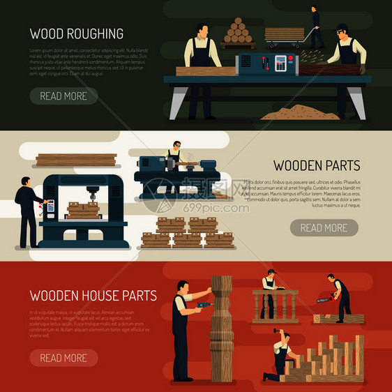 木工水平横幅木工木匠人物木制零件与文字阅读更多的按钮矢量插图木头粗糙的水平横幅图片