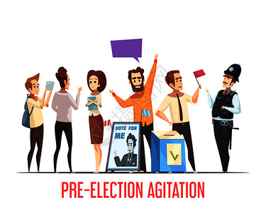 选举前拉票竞选活动,候选人与人交谈,政治卡通作文与投票箱矢量插图政治预选卡通作文背景图片